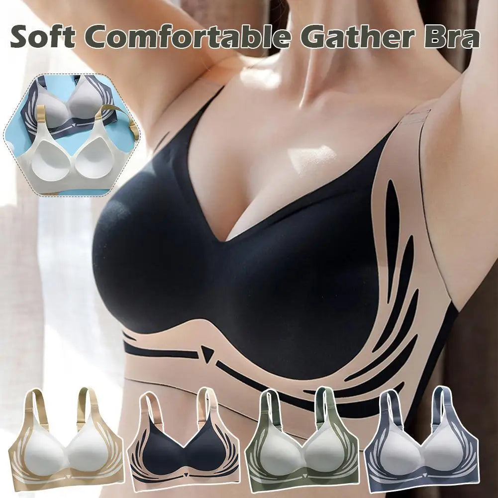 Super Gather Wireless Push-Up Bra for Women, Gathered Design, Soft Support, Adjustable Underwear, Anti-Sagging, Seamless Lift Bra