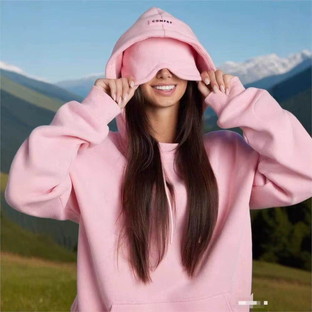 2025 Autumn and Winter Solid Color Hoodie with Integrated Eye Mask, Long Sleeve Casual Top
