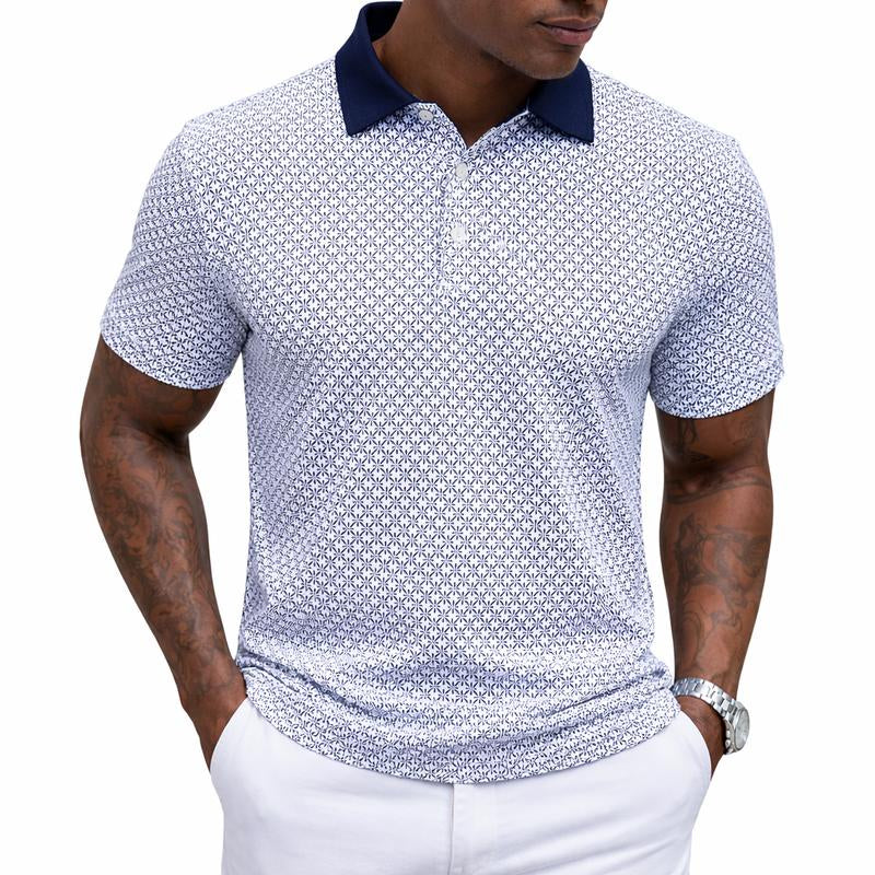 Alimens&Gentle Men’S Contrast Collar Short Sleeve All over Printed Polo Shirt, Breathable Pattern Design, Soft Stretch, Casual & Business Wear