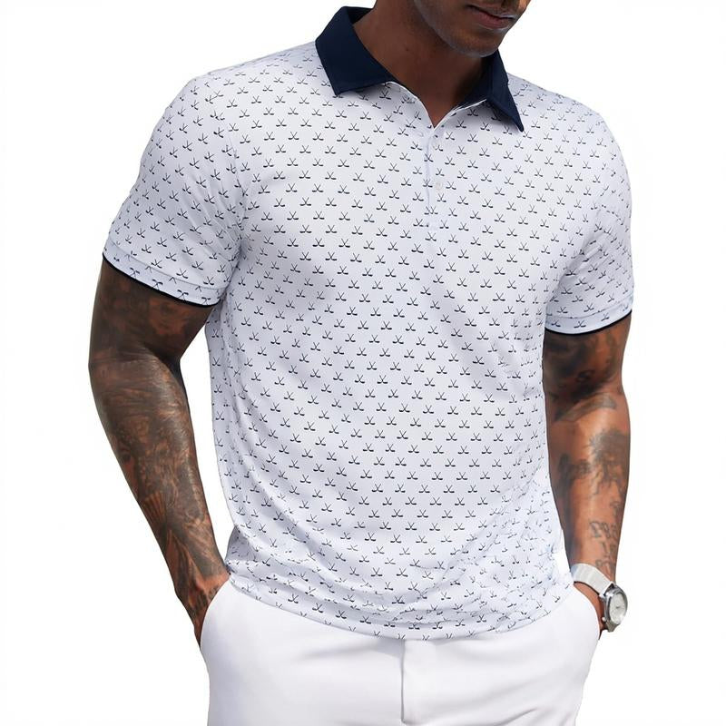 Alimens&Gentle Men’S Contrast Collar Short Sleeve All over Printed Polo Shirt, Breathable Pattern Design, Soft Stretch, Casual & Business Wear