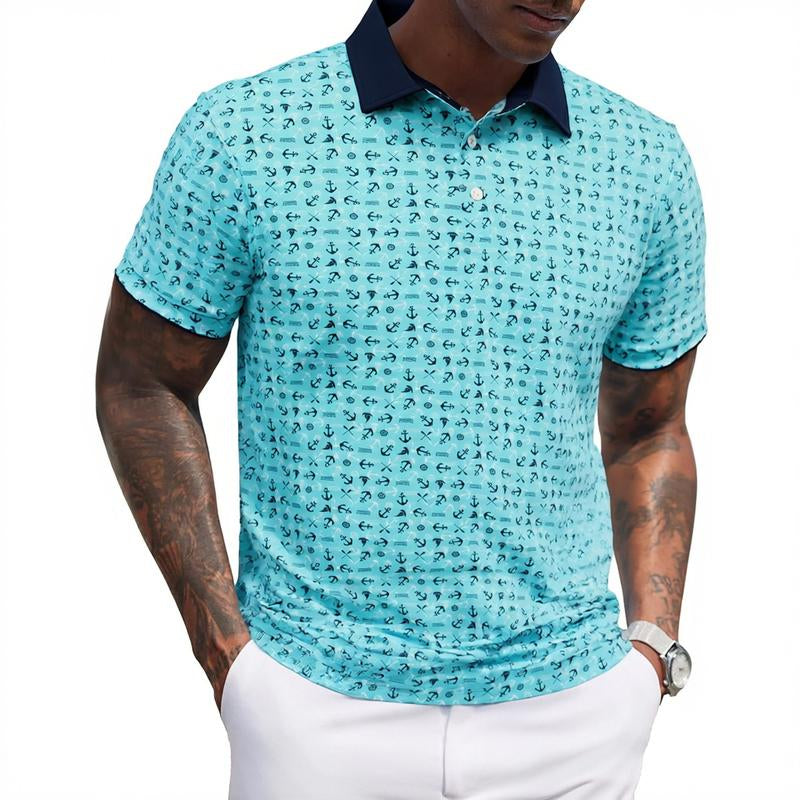 Alimens&Gentle Men’S Contrast Collar Short Sleeve All over Printed Polo Shirt, Breathable Pattern Design, Soft Stretch, Casual & Business Wear