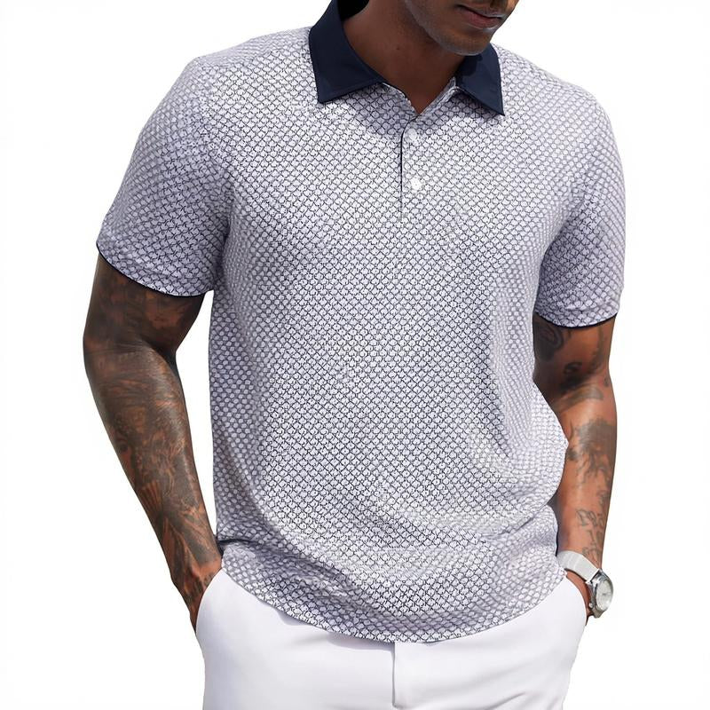 Alimens&Gentle Men’S Contrast Collar Short Sleeve All over Printed Polo Shirt, Breathable Pattern Design, Soft Stretch, Casual & Business Wear