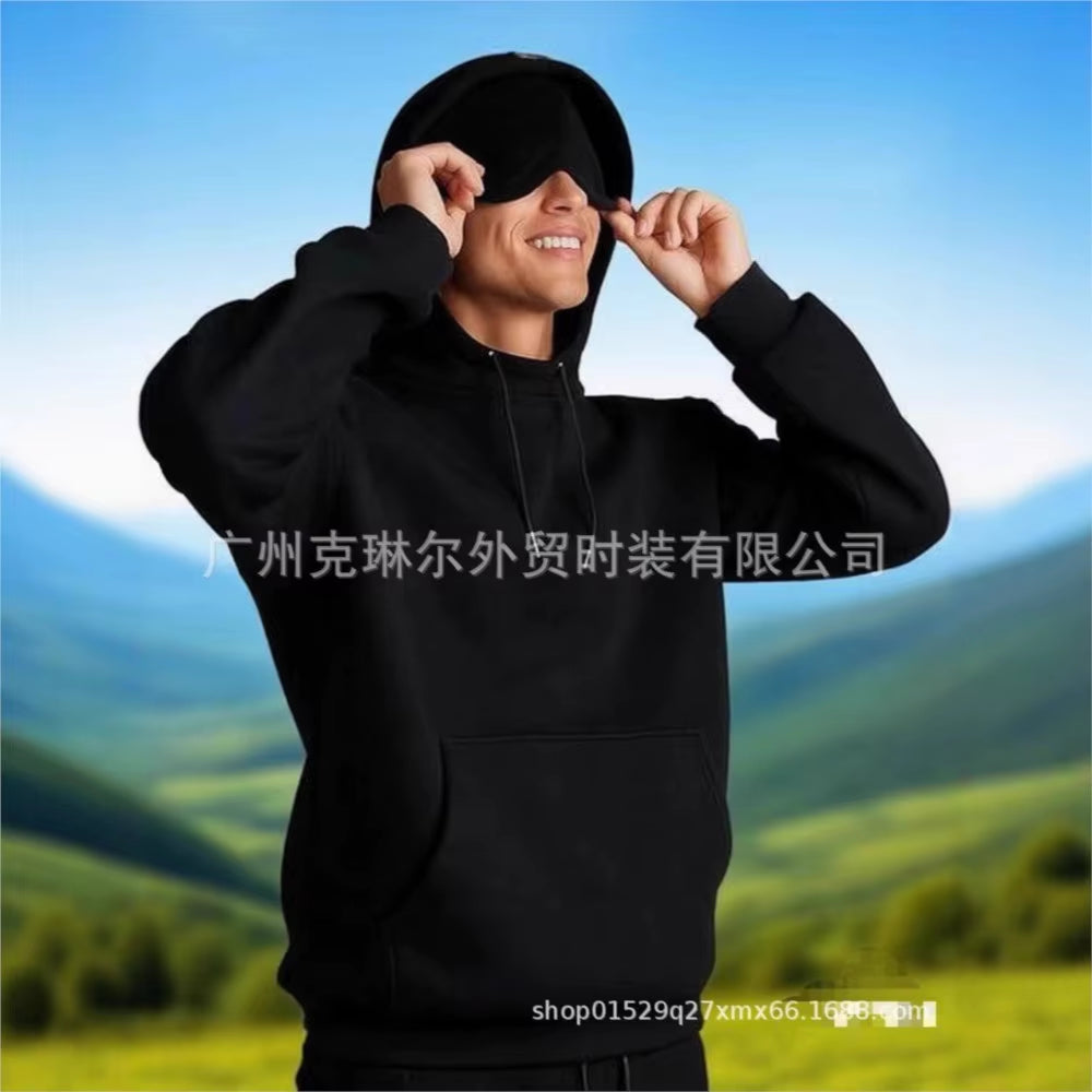 2025 Autumn and Winter Solid Color Hoodie with Integrated Eye Mask, Long Sleeve Casual Top