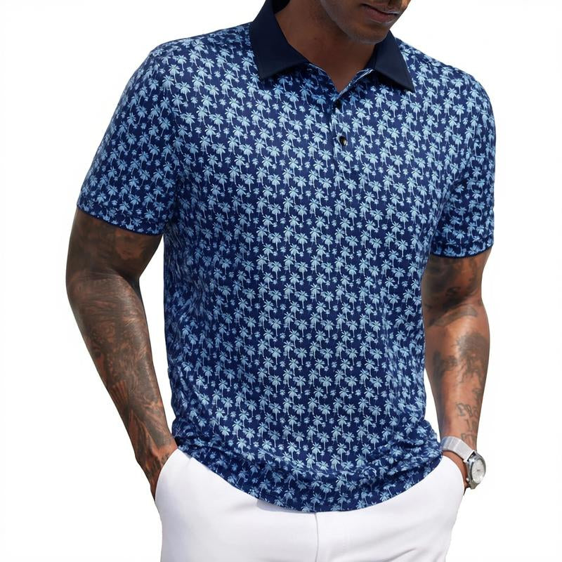 Alimens&Gentle Men’S Contrast Collar Short Sleeve All over Printed Polo Shirt, Breathable Pattern Design, Soft Stretch, Casual & Business Wear